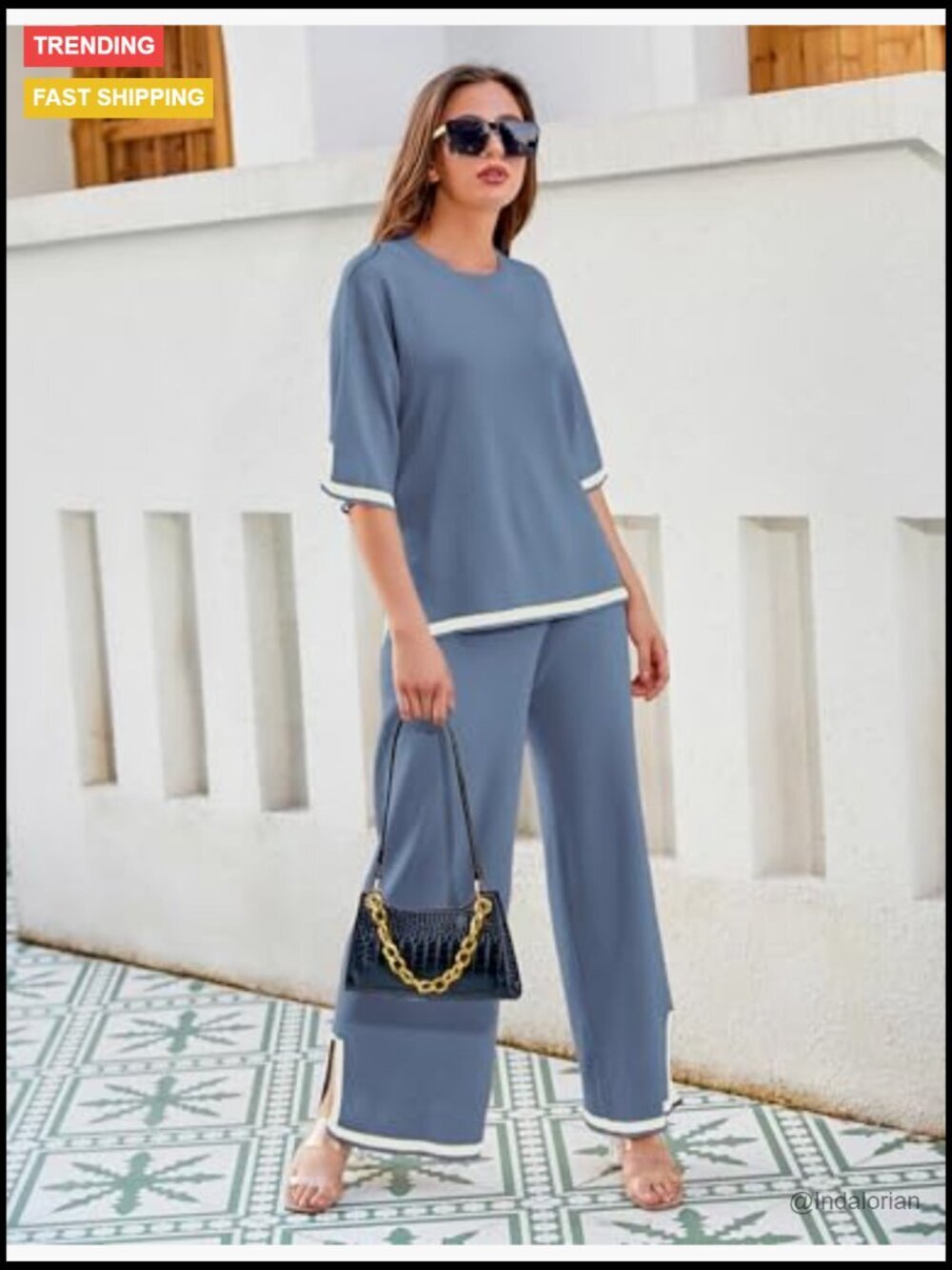 Short Sleeve Knit Pullover Top Wide Leg Pants Lounge Set - Picture 5 of 7